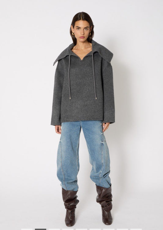 VILDA | Veste en laine grise à enfiler avec col large et cordons